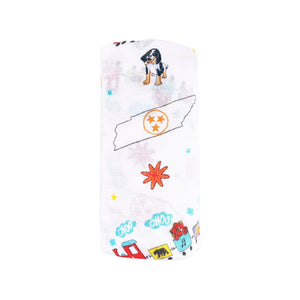Tennessee-themed baby gift set with muslin swaddle blanket and burp cloth/bib combo, featuring state icons.