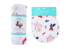 Load image into Gallery viewer, Gift Set: Texas Baby Boy Muslin Swaddle Blanket and Burp Cloth/Bib Combo - Little Hometown
