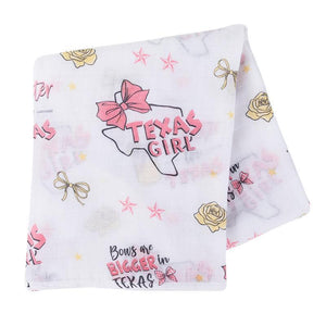 Gift Set: Texas Baby Girl Muslin Swaddle Blanket and Burp Cloth/Bib Combo - Little Hometown
