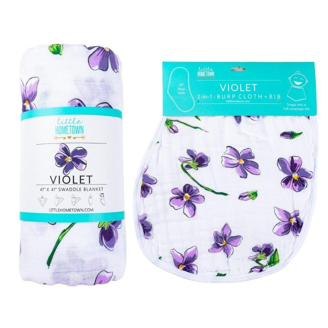 Gift Set: Violet Baby Muslin Swaddle Blanket and Burp Cloth/Bib Combo - Little Hometown