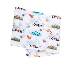 Virginia-themed baby muslin swaddle blanket and burp cloth set with state icons, in soft pastel colors.
