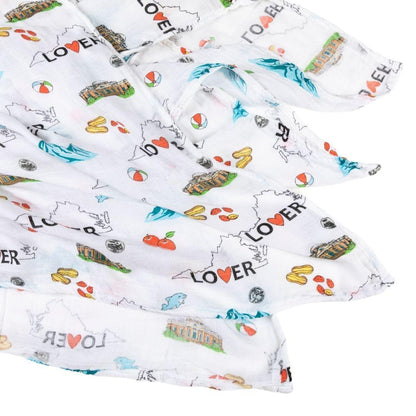 Virginia-themed baby gift set with muslin swaddle blanket and burp cloth/bib combo, featuring state icons.