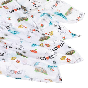 Virginia-themed baby gift set with muslin swaddle blanket and burp cloth/bib combo, featuring state icons.