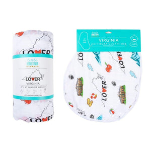 Virginia-themed baby muslin swaddle blanket and burp cloth set, featuring state icons and landmarks in soft pastels.