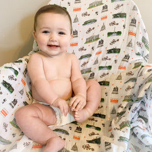 Washington D.C. baby gift set with muslin swaddle blanket and burp cloth, featuring iconic city landmarks.