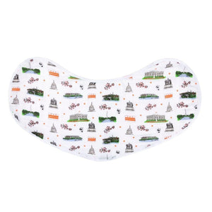 Washington D.C. baby gift set with muslin swaddle blanket and burp cloth featuring iconic landmarks and symbols.