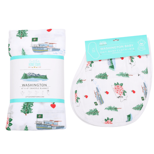 Gift Set: Washington (State) Baby Muslin Swaddle Blanket and Burp Cloth/Bib Combo - Little Hometown
