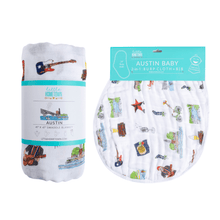 Load image into Gallery viewer, GiftSet: Austin Baby Muslin Swaddle Blanket and Burp Cloth/Bib Combo - Little Hometown
