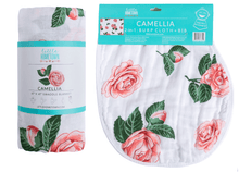 Load image into Gallery viewer, GiftSet: Camelia Baby Muslin Swaddle Blanket and Burp Cloth/Bib Combo - Little Hometown
