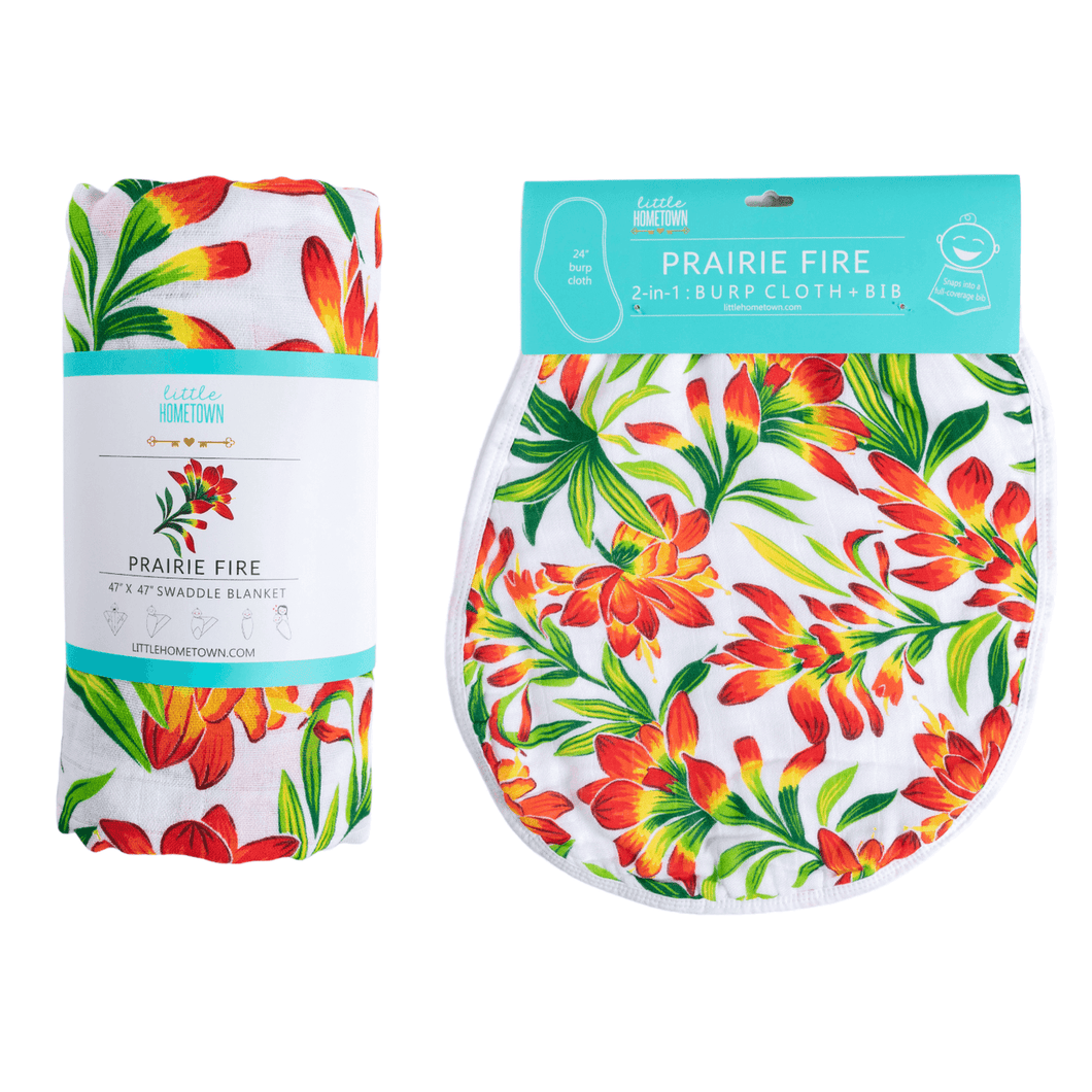 GiftSet: Prairie Fire Baby Muslin Swaddle Blanket and Burp Cloth/Bib Combo - Little Hometown