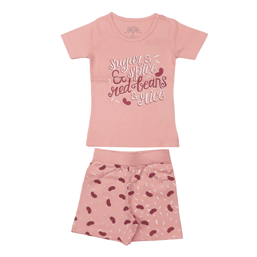 Little Hometown girls' pajamas with red beans and rice print, featuring vibrant red and white colors.