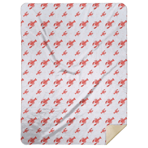 Red and white plush throw blanket featuring playful crawfish and lobster illustrations, measuring 60x80 inches.