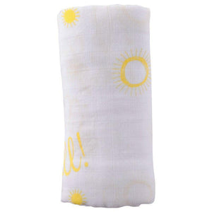 White muslin swaddle blanket with "Hey Y'all" text in playful script, featuring pastel-colored stars and hearts.