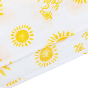 White muslin swaddle blanket with "Hey Y'all" text in playful script, featuring a light blue and white striped background.