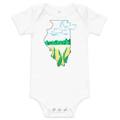 Baby onesie with "Illinois Cornfield" text, featuring a cute cornfield graphic on a white background.