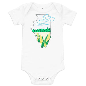 Baby onesie with "Illinois Cornfield" text, featuring a cute cornfield graphic on a white background.