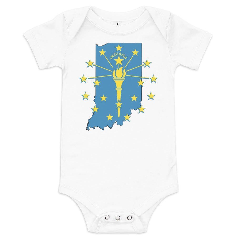 White baby onesie featuring a blue outline of Indiana state, with a yellow torch and stars and the word "Indiana" written in block letters on a plain background.