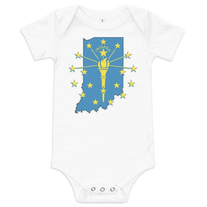 White baby onesie featuring a blue outline of Indiana state, with a yellow torch and stars and the word "Indiana" written in block letters on a plain background.