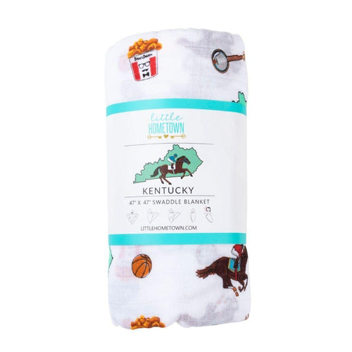 Kentucky-themed baby muslin swaddle blanket with blue horses, state icons, and 
