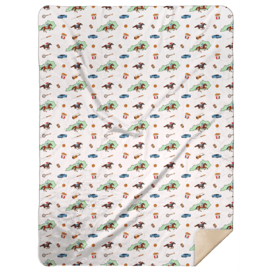 Blue and white Kentucky-themed plush throw blanket with state icons and 