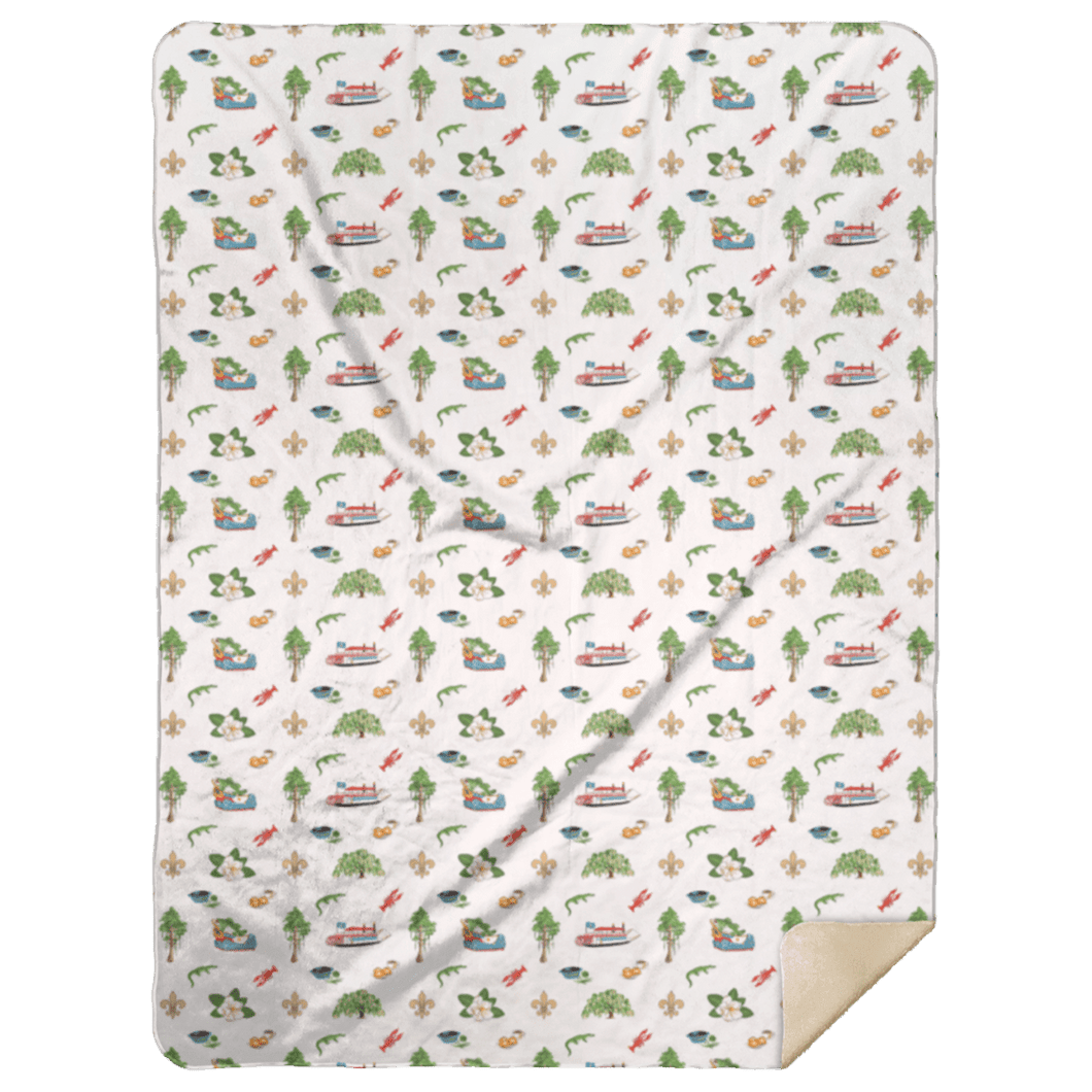 Cozy Louisiana-themed plush throw blanket with state icons and landmarks like crawfish, fleur de lis, alligators, magnolia trees, Cyprus trees, and a riverboat, 60x80 inches, by Little Hometown.