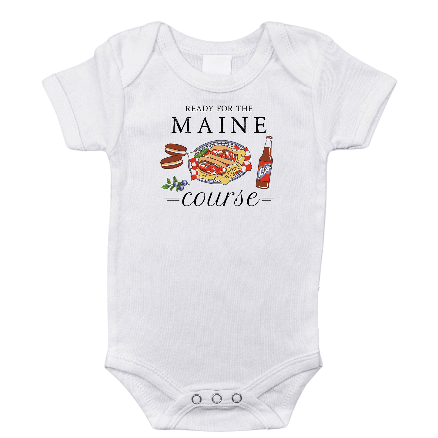 White baby onesie with "Maine Course" text and a lobster graphic, evoking a playful and regional charm.