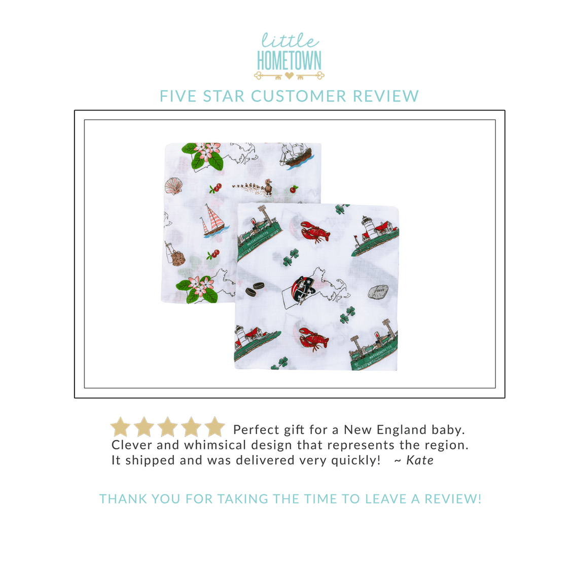 Massachusetts-themed baby muslin swaddle blanket with state icons like lobsters, lighthouses, and sailboats.