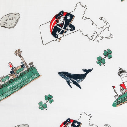 Massachusetts-themed baby muslin swaddle blanket with state icons like lobsters, lighthouses, and sailboats.