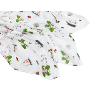 Massachusetts-themed muslin swaddle blanket with floral design, featuring state symbols and landmarks in pastel colors.