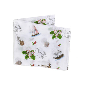 Soft muslin swaddle blanket with a floral design featuring Massachusetts state symbols, including the mayflower.