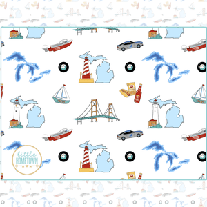 Cozy Michigan-themed plush throw blanket with state map, landmarks, and icons in vibrant colors, 60x80 inches.