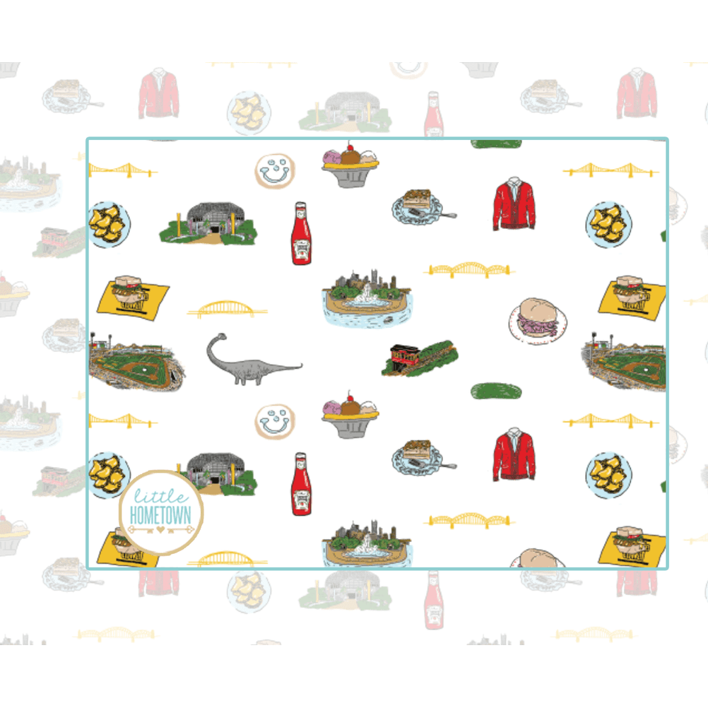 White muslin baby swaddle blanket with Pittsburgh city landmarks and icons in black and yellow illustrations.