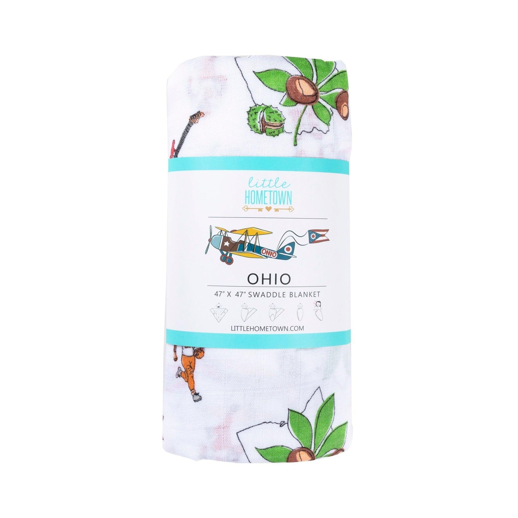 White muslin swaddle blanket with "Ohio Baby" text and state outline, featuring soft, breathable fabric.