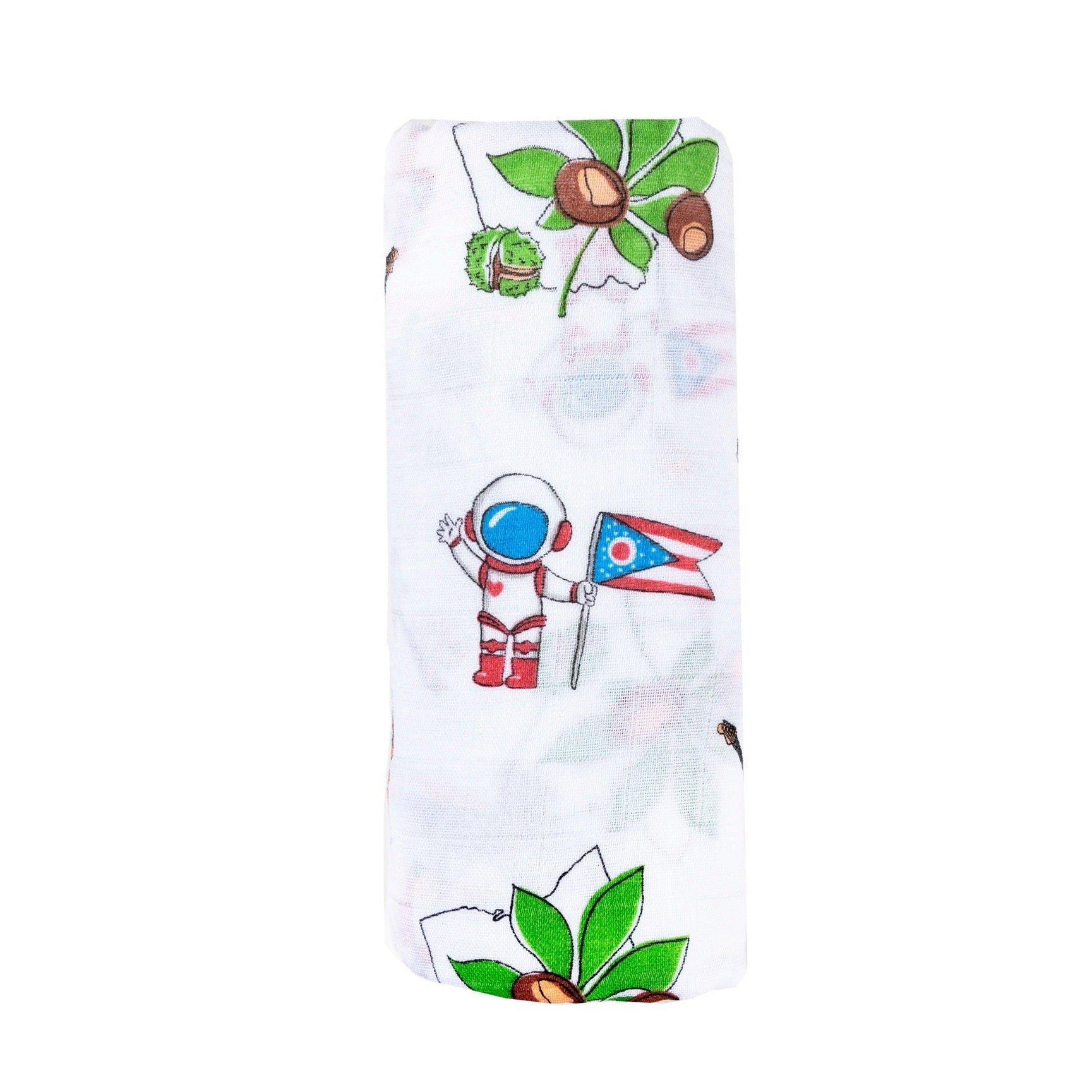 Ohio-themed baby muslin swaddle blanket with state icons and landmarks in soft pastel colors on a white background.