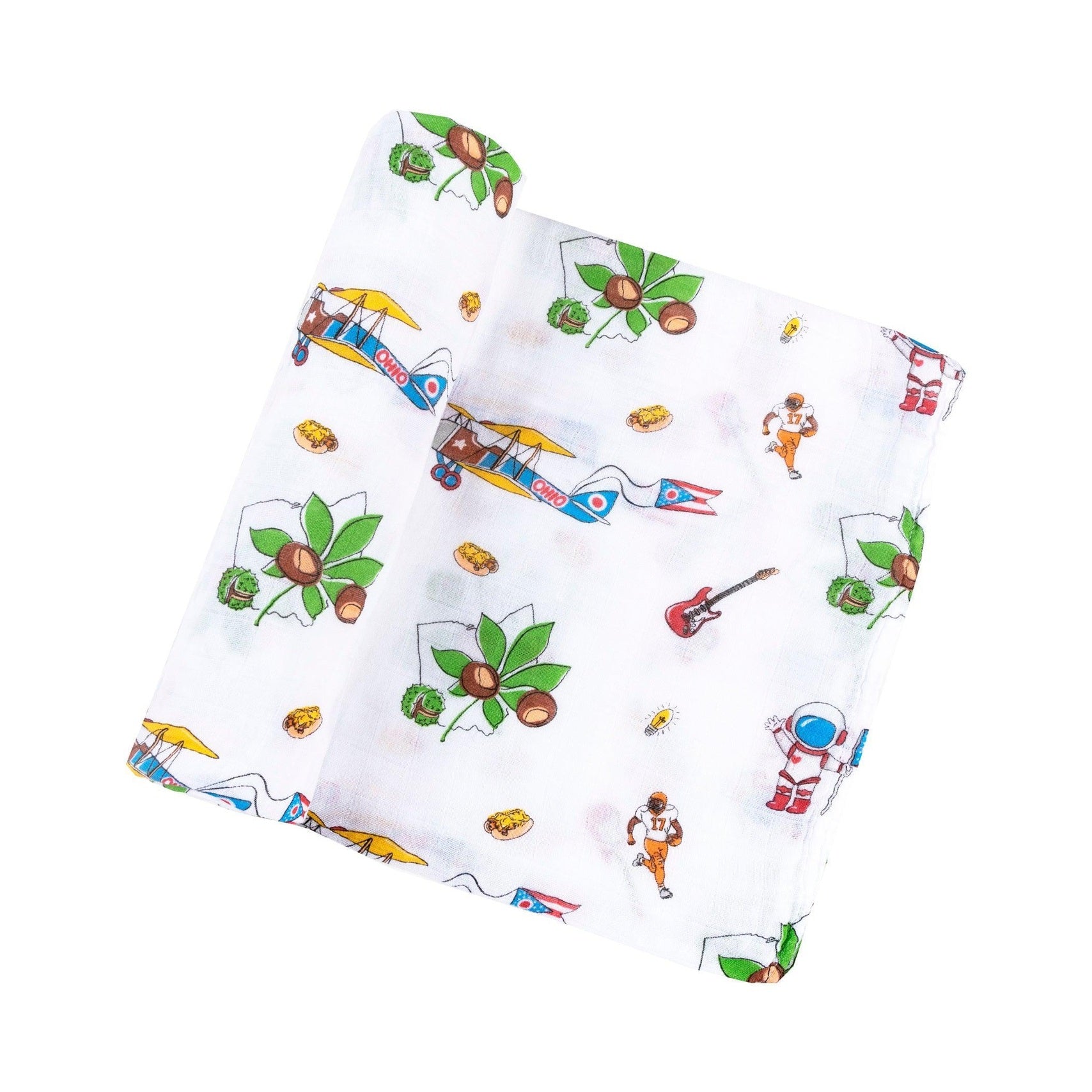 White muslin swaddle blanket with "Ohio" text and state outline, featuring icons like a buckeye, football, and barn.