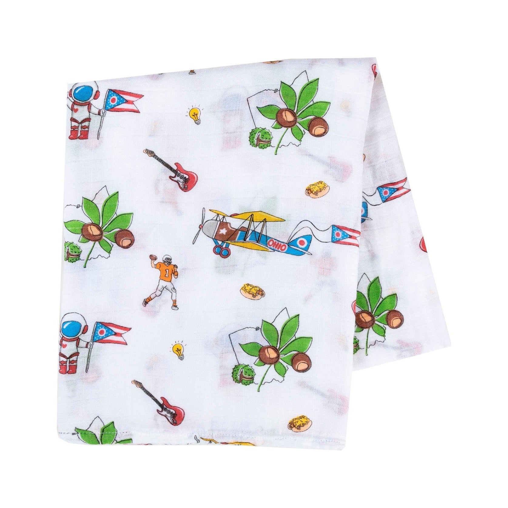Ohio-themed baby muslin swaddle blanket with state icons and landmarks in soft pastel colors on a white background.