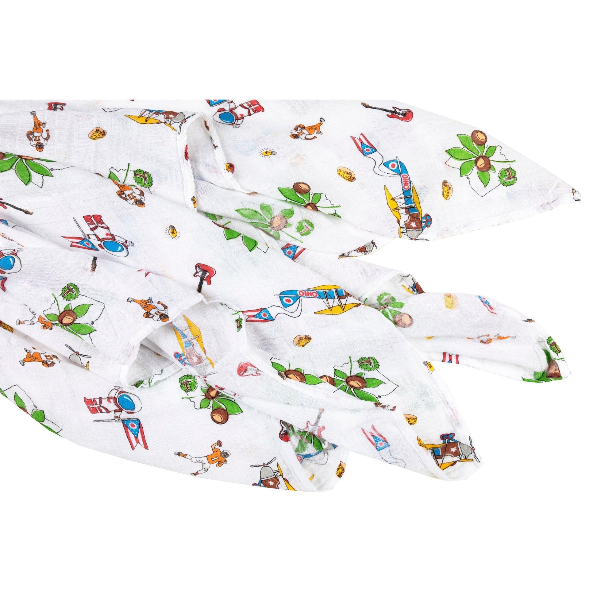 Ohio-themed baby muslin swaddle blanket with state icons and landmarks in soft pastel colors on a white background.