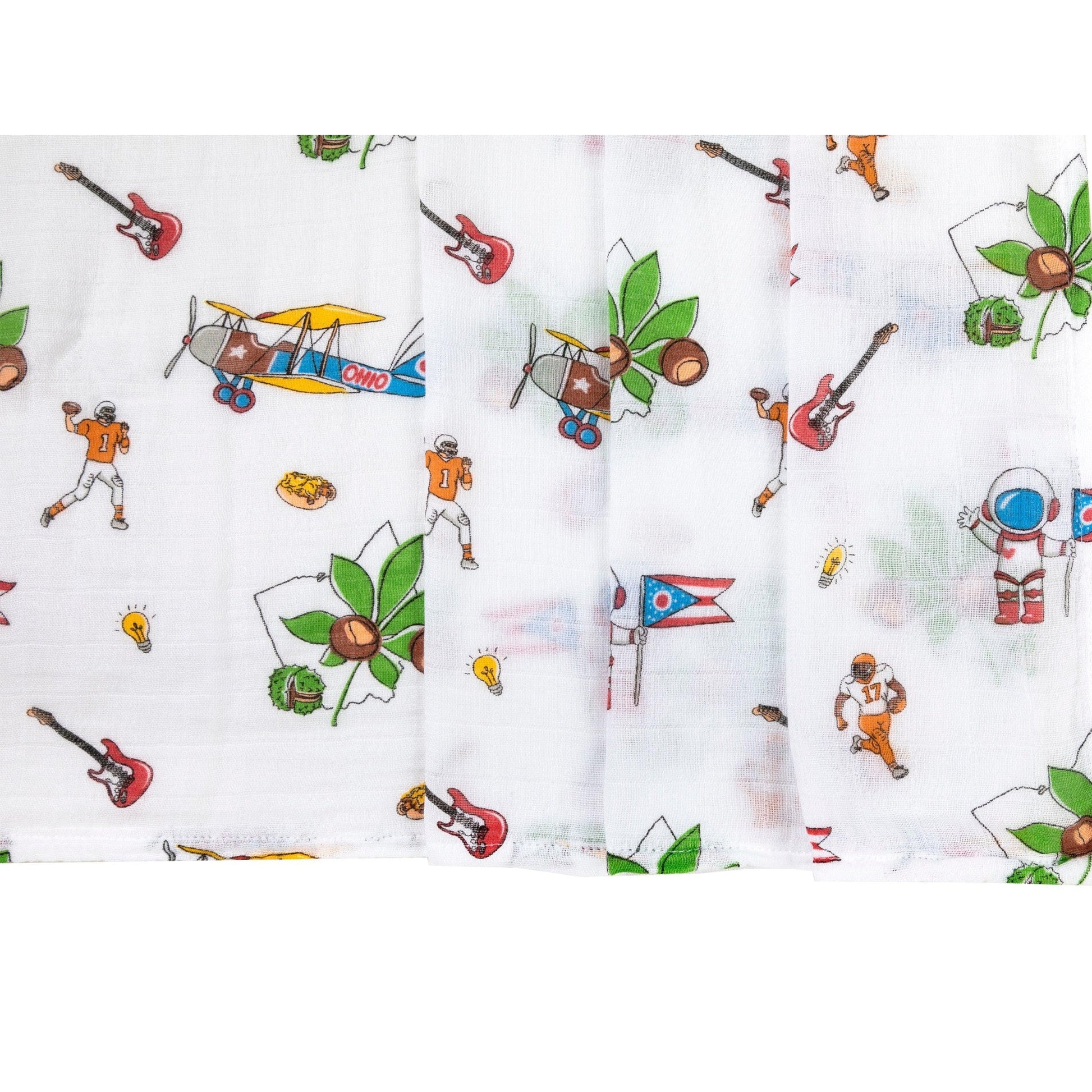 Ohio-themed baby muslin swaddle blanket with state icons and landmarks in soft pastel colors on a white background.