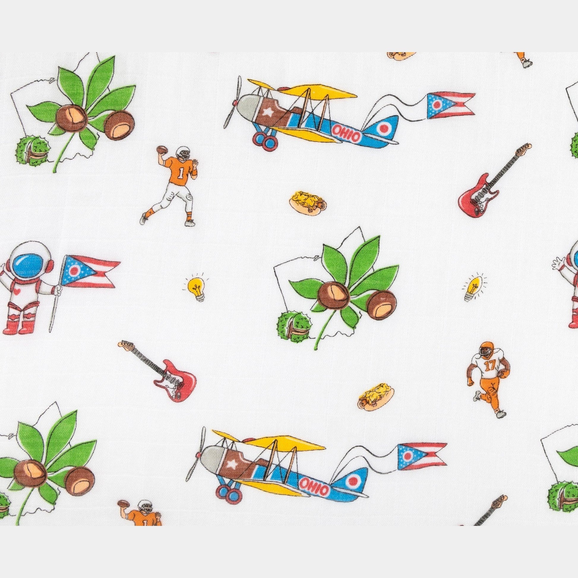 Ohio-themed baby muslin swaddle blanket with state icons and landmarks in soft pastel colors on a white background.