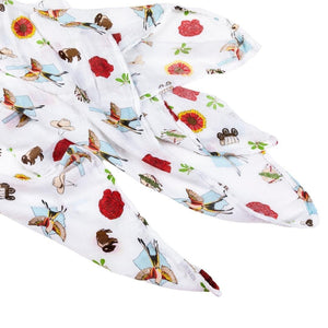 Baby swaddle blanket featuring a colorful map of Oklahoma with landmarks, animals, and playful illustrations.