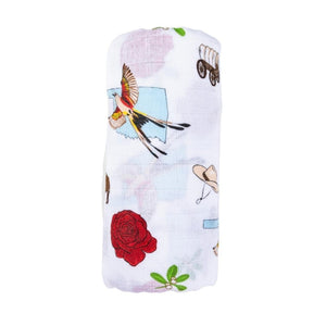 Soft baby swaddle blanket featuring a colorful map of Oklahoma with landmarks, animals, and state symbols.