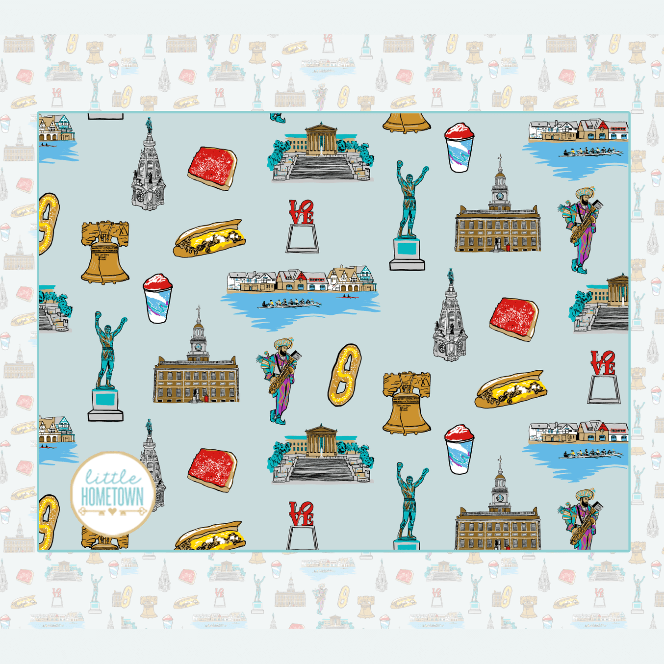 Philadelphia-themed plush throw blanket featuring iconic landmarks in a colorful, whimsical design, 60x80 inches.