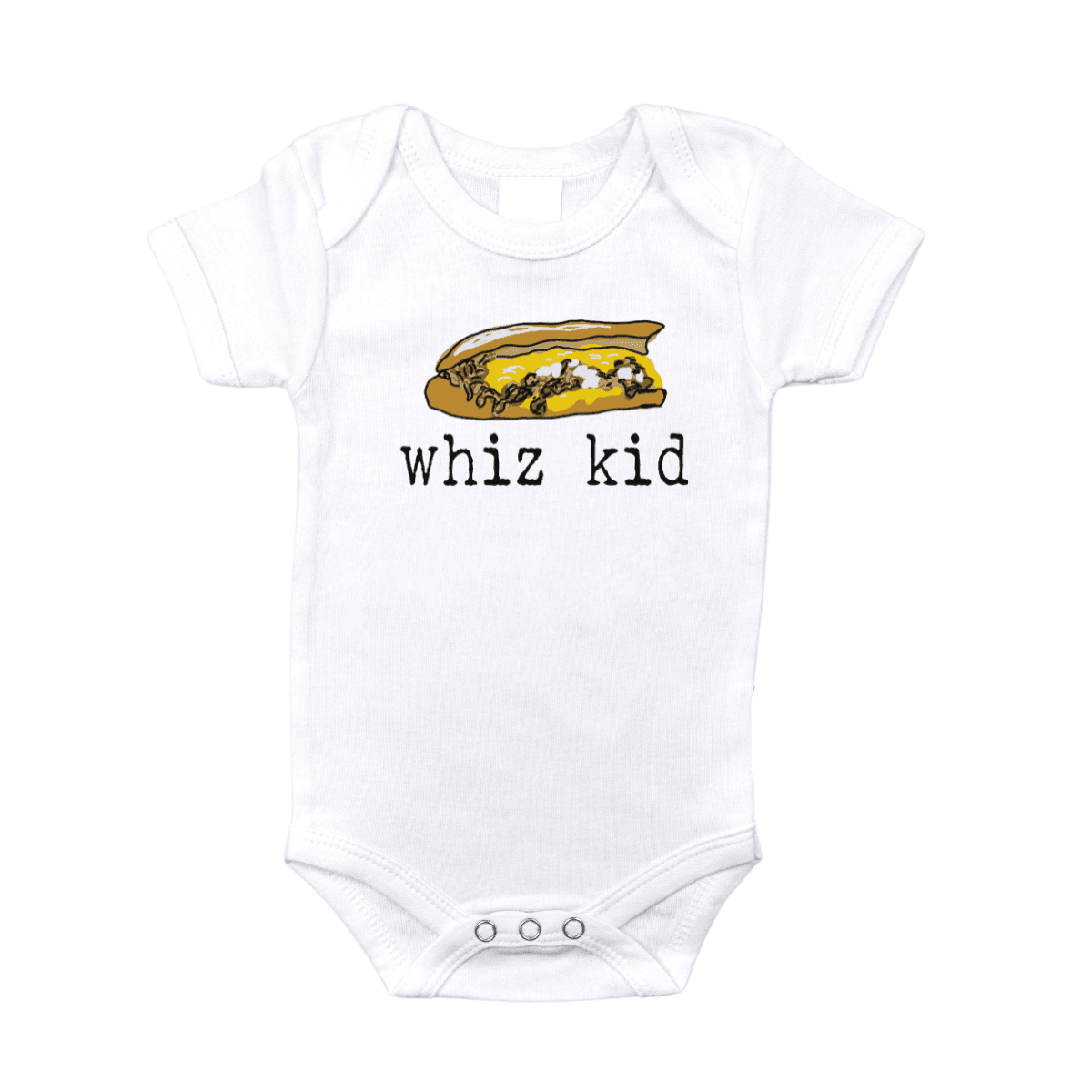 White baby onesie with "Philly Whiz Kid" in blue and yellow, featuring a cheesesteak graphic.