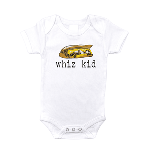White baby onesie with "Philly Whiz Kid" in blue and yellow, featuring a cheesesteak graphic.