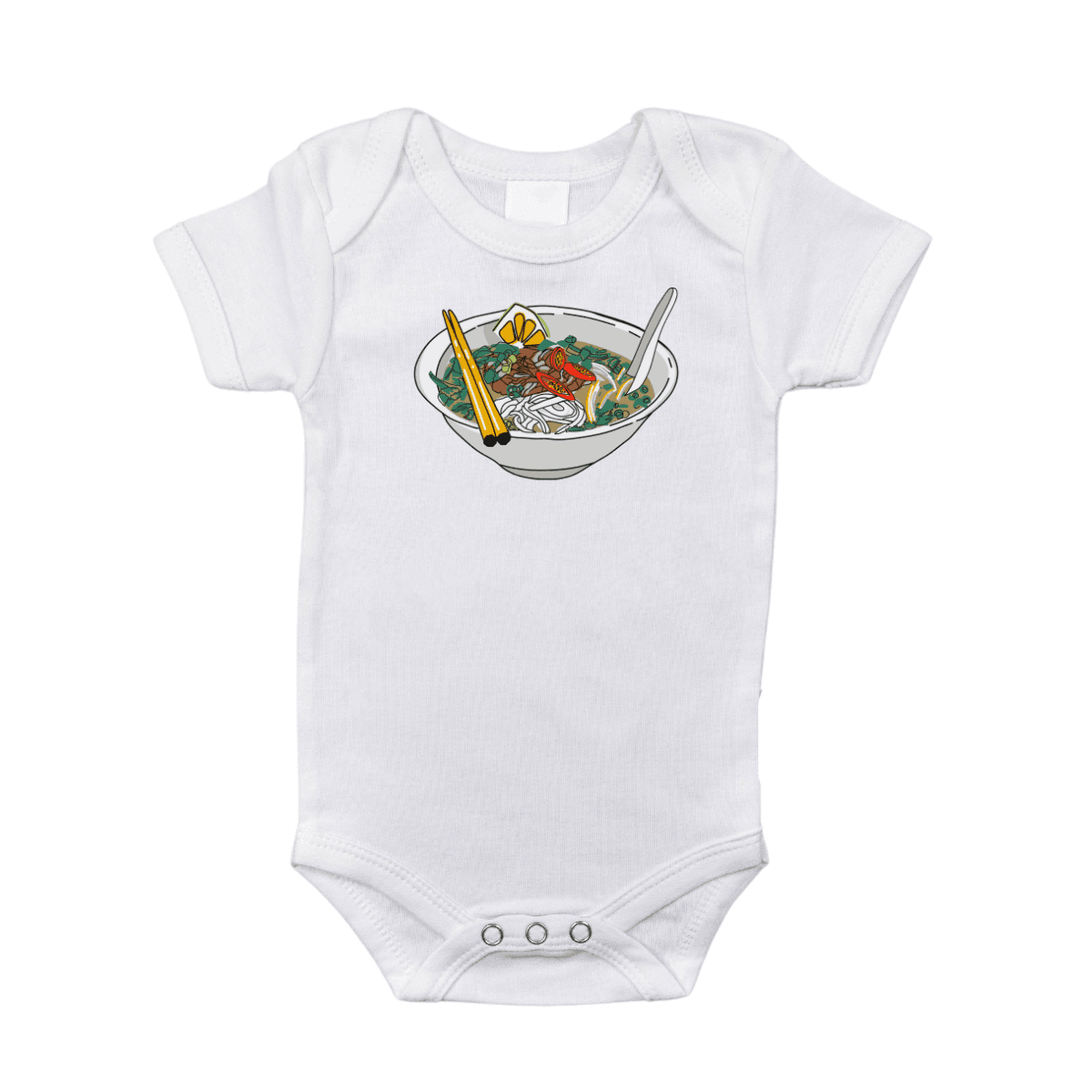 White baby onesie with "Pho Baby" text and a cute bowl of pho illustration, featuring chopsticks and steam.