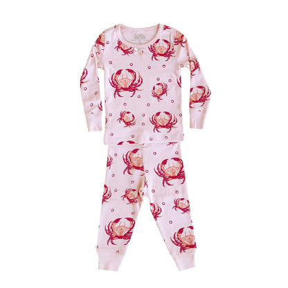 Pink children's pajamas with playful crab illustrations, featuring a cozy long-sleeve top and matching pants.