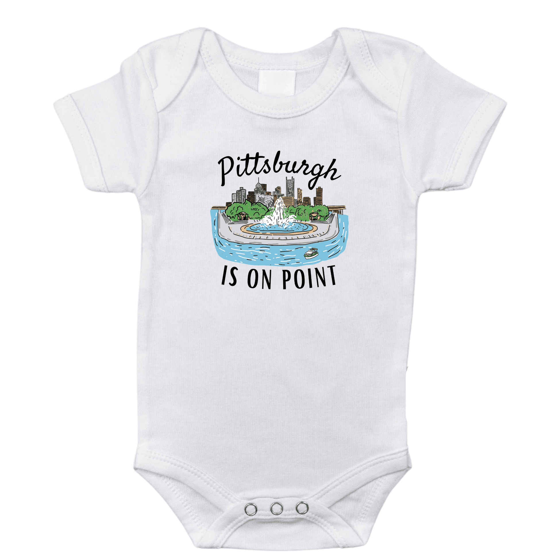 White baby onesie with "Pittsburgh is on point" in black text, featuring a yellow and black Pittsburgh skyline.