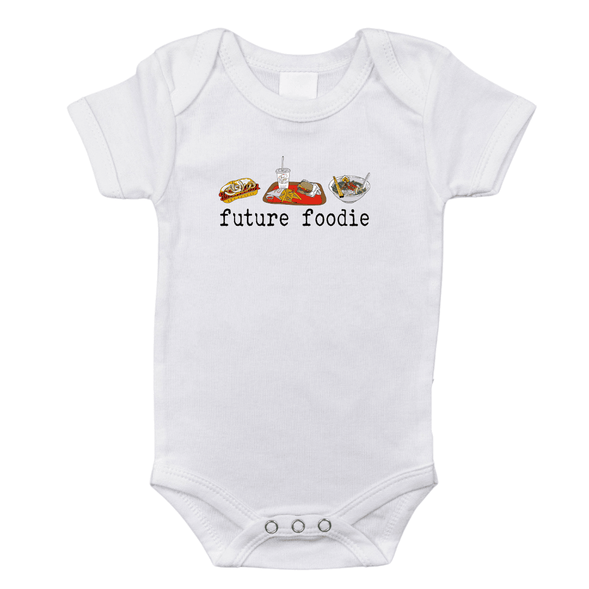 White onesie with "Seattle Foodie" text and icons of coffee, fish, and a Space Needle on a wooden background.