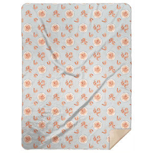 Plush throw blanket featuring a whimsical shrimp and grits design on a soft, cozy fabric, measuring 60x80 inches.