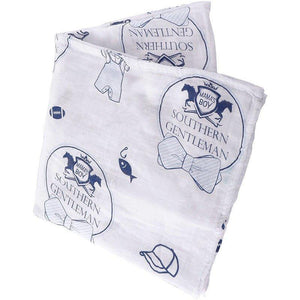 Southern Gentleman baby boy muslin swaddle blanket with blue bow ties and mustaches on a white background.